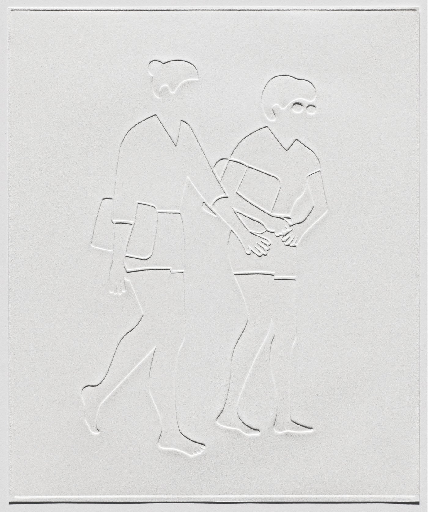 "Two Walk Right With Bags", 17 x 14 1/8”, debossed relief print on BFK Rives white 280gsm, 2022