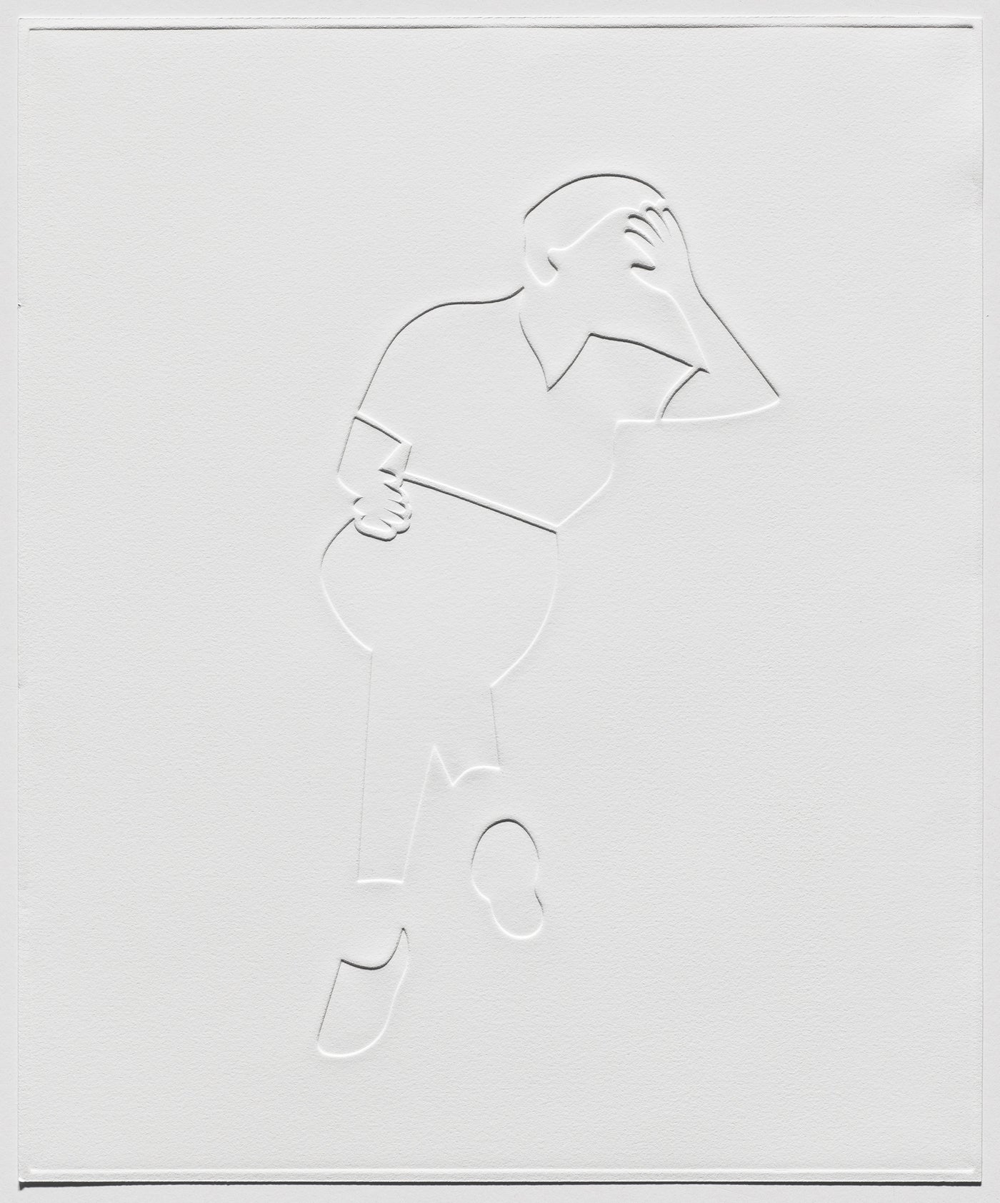 "Cross Legged, Hand on Head", 15 1/4 x 13 1/4”, debossed relief print on BFK Rives white 280gsm, 2022