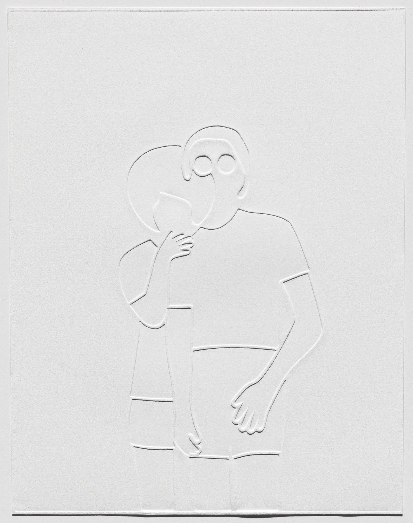 "Hug From Behind", 18 1/4 x 14 1/4”, debossed relief print on BFK Rives white 280gsm, 2022