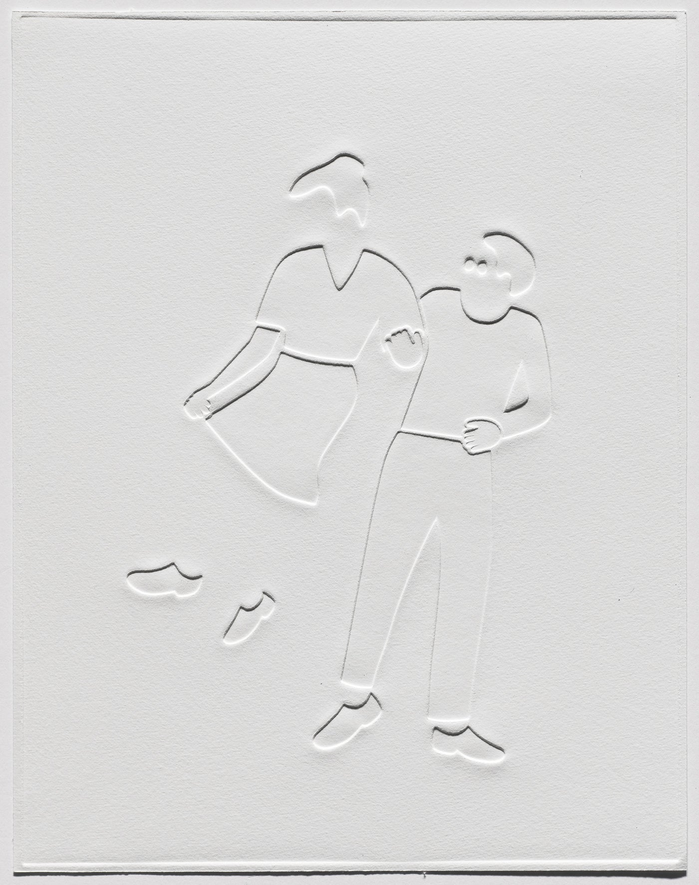 "Dancing, Jump on Left", 14 1/4 x 11 1/4", debossed relief print on BFK Rives white 280gsm, 2022