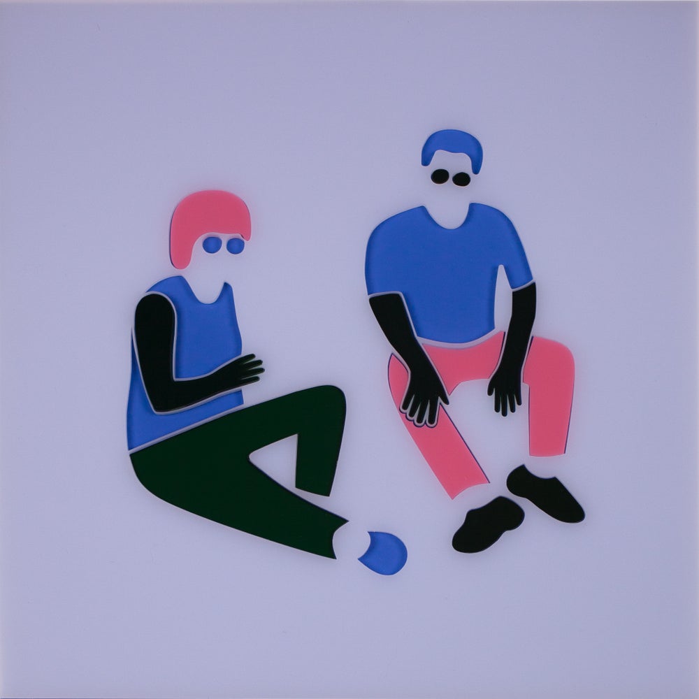 Two Sitting on Ground (Blue, Pink and Green)