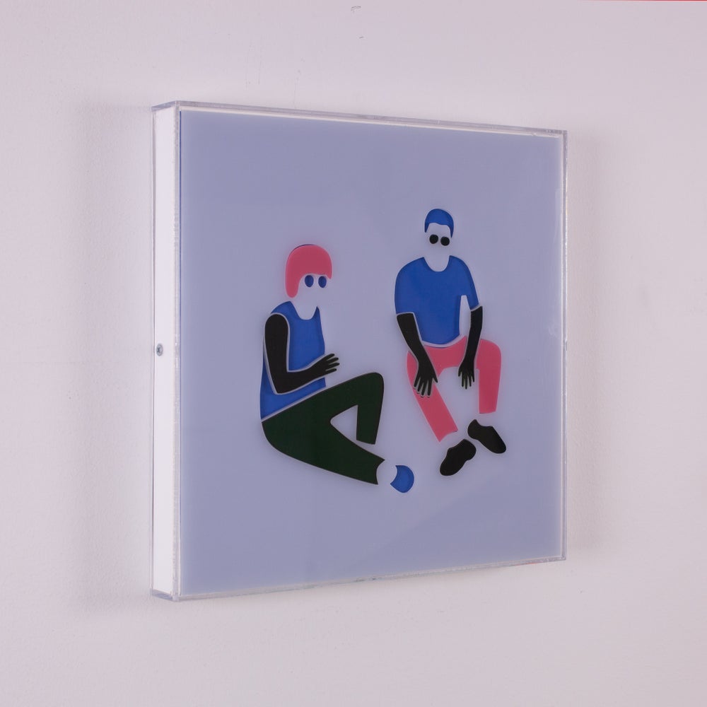 Two Sitting on Ground (Blue, Pink and Green)