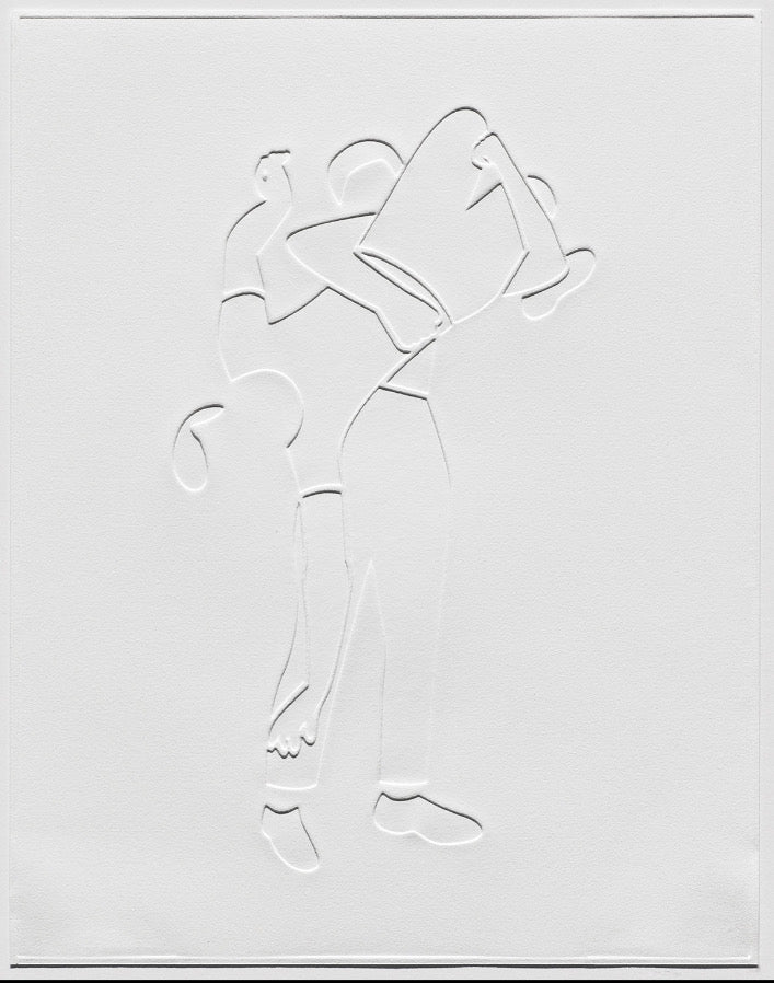 “Upside Down over Shoulder”, 18 1/4” x 14 1/4”, debossed relief print on BFK Rives white 280gsm, 2022